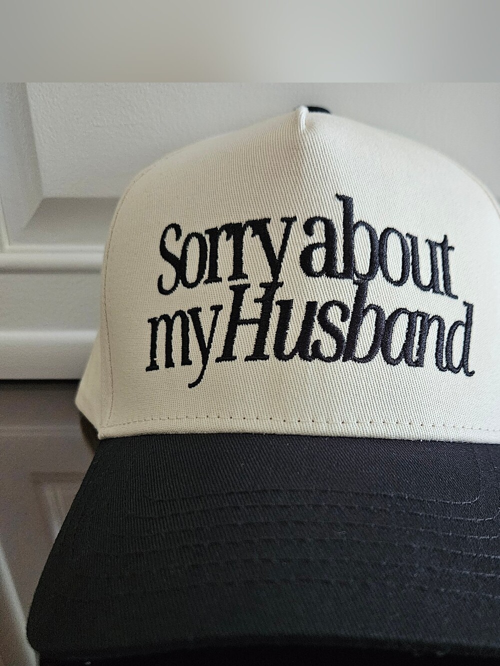 'Sorry about My Husband' Cream Baseball Cap w/ Black Eyelets & Black Embroidery